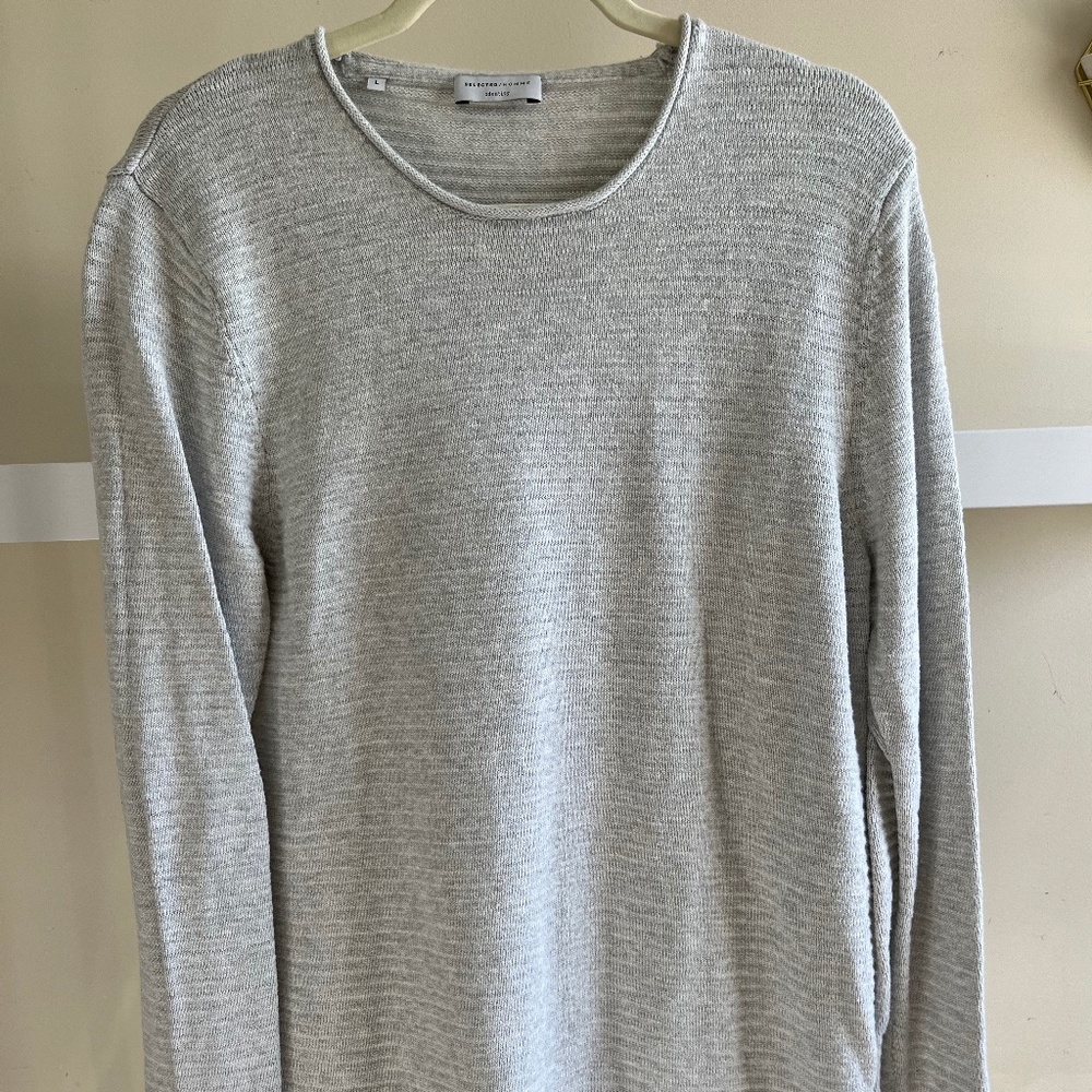 Men's Selected Homme Crew Neck Knitted Sweater Raw Hem L Large Grey Gray